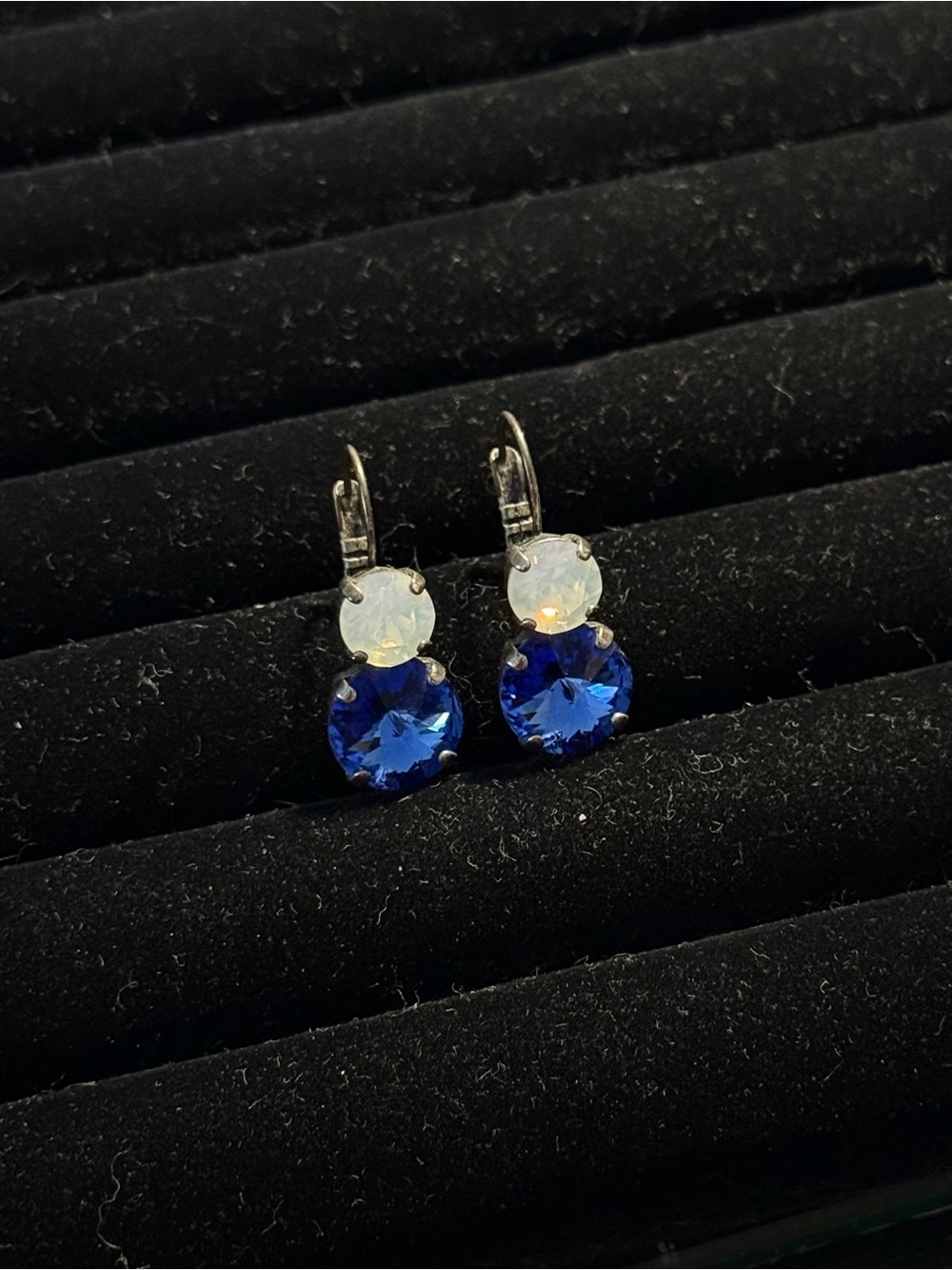 Opal and Royal Blue Crystal Drop Earrings - Dark Silver Tone